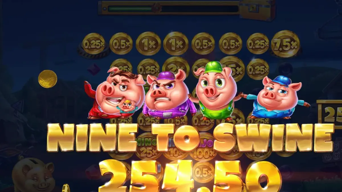 Personagens porquinhos em um cenário de construção tropical no slot Huff n Puff CollectR