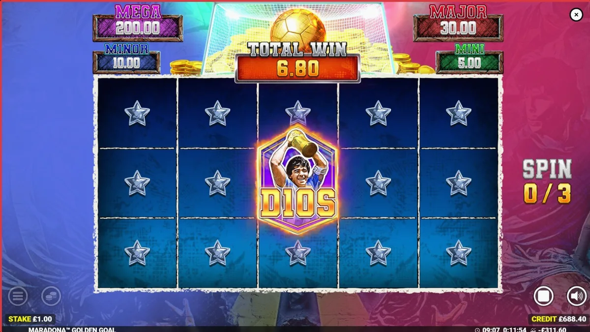 Maradona Golden Goal slot machine interface featuring football icons