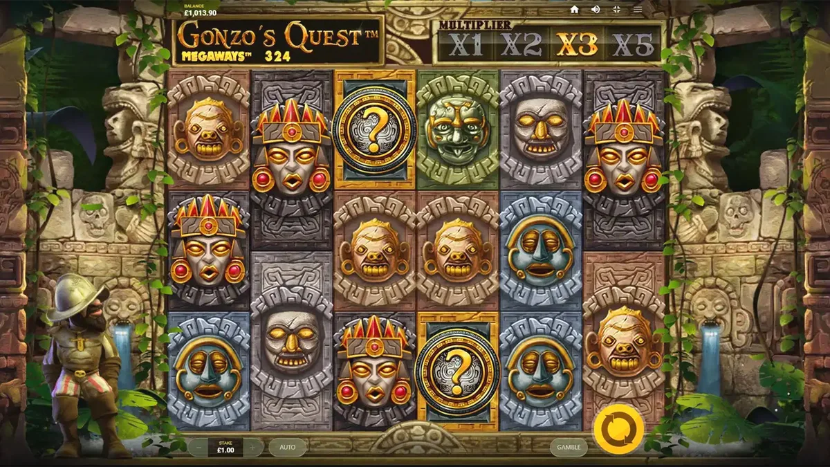 Gonzo’s Quest Megaways slot interface com máscaras de pedra e selva ao fundo