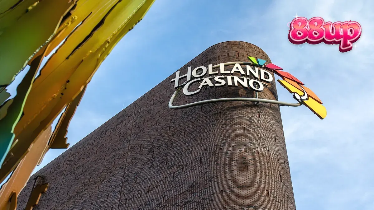 Imagem de um cassino online com elementos de jogo e o logotipo do Holland Casino Online