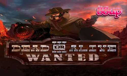 Cena de um deserto árido ao pôr do sol, com símbolos do Velho Oeste como revólveres e cartazes de procurado, representando o estilo visual de Dead or Alive 3: Wanted.